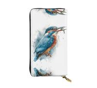 GGNKDL Watercolor kingfisher with prey printing Women's leather long handheld wallet large capacity credit card zipper bag