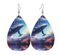 GGNKDL Whales swimming under the sea Prints Water droplet pendant earrings and leather earrings, suitable as holiday birthday gifts for women