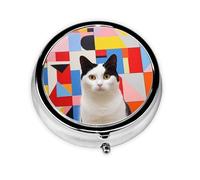 GGNKDL White cat with Black Ears Prints Round Mini Pill Box with 3 compartments for Pill Storage and Portable Travel