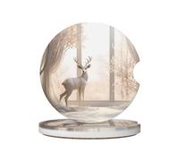GGNKDL White Deer in The Jungle Printing Car Coasters 2 Absorbent Ceramic Anti Slip Beverage Pads, car Decorations