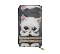 GGNKDL White Greedy Cat printing Women's leather long handheld wallet large capacity credit card zipper bag