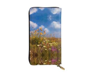 GGNKDL Wildflowers on the prairie printing Women's leather long handheld wallet large capacity credit card zipper bag