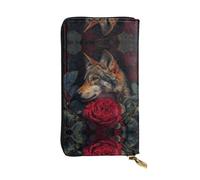 GGNKDL Wolf among the red roses printing Women's leather long handheld wallet large capacity credit card zipper bag