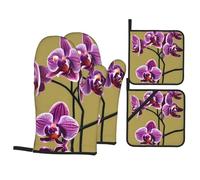 GGsdaf Beautiful Orchids Kitchen Scald-Proof Gloves - 4-Piece Set Baking, Grilling, Cooking, Oven Insulated Gloves