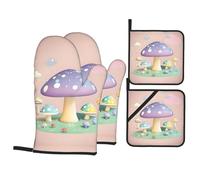 GGsdaf Cartoon mushroom Kitchen Scald-Proof Gloves - 4-Piece Set Baking, Grilling, Cooking, Oven Insulated Gloves