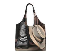GGsdaf Cowboy Black Hat Western Boots Printed canvas bag, light and large capacity single-shoulder shopping bag, artistic and casual handbag