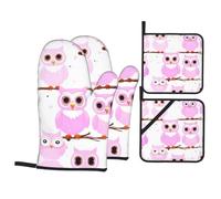 GGsdaf Cute owl Kitchen Scald-Proof Gloves - 4-Piece Set Baking, Grilling, Cooking, Oven Insulated Gloves