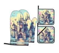 GGsdaf Fairytale Castle Kitchen Scald-Proof Gloves - 4-Piece Set Baking, Grilling, Cooking, Oven Insulated Gloves