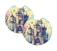 GGsdaf Fairytale Castle Printed car coasters 2-pack Portable and foldable storage Self-driving camping car supplies