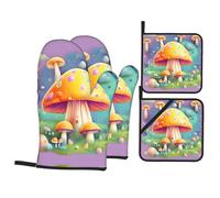 GGsdaf Fantasy Dream Mushroom Kitchen Scald-Proof Gloves - 4-Piece Set Baking, Grilling, Cooking, Oven Insulated Gloves