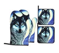 GGsdaf wolf under moon Kitchen Scald-Proof Gloves - 4-Piece Set Baking, Grilling, Cooking, Oven Insulated Gloves