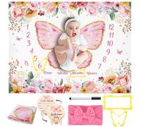 GGSTDDUP Butterfly Milestone Blanket for Baby Girls, Floral Monthly Baby Growth Blanket Newborn Photography Background with Wooden Signs, Frames, Bow Headband,Pink
