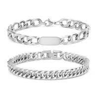 GGUFAY Men's Bracelet Stainless Steel Bracelets Curb Chain 2 Pieces Silver Men's Bracelets for Men Boys Cuban Bracelet Gifts for Husband Dad Son Brother