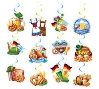 GGUFAY Munich Oktoberfest Decorative Set with Ceiling Hooks - Ideal for Bavarian Parties - 12 Double Sided Cards + 12 Single Spirals + Hooks