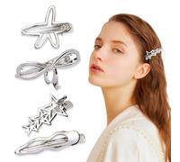 GGUFAY Pack of 4 Women's Hair Clips with Bow, Stars, Waves, Five-Pointed Star for Women Girls, Fashionable Hair Claw, Duckbill Hair Clip, Y2K Silver Hairpin