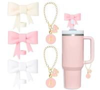 GGUFAY Stanley Cup Straw Protective Case, Reusable Suction Protection, with 3 Bow Designs, Silicone + 2 Chain Pendants, Compatible with 30 & 40 oz (Cream, Pink, White)