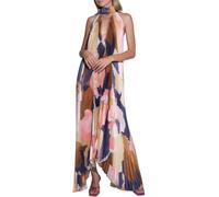 GGUHHU Womens Color Block Floral Maxi Halter Dress Hollowed V-Neck Backless Accordion Beach Dresses, Brown, S