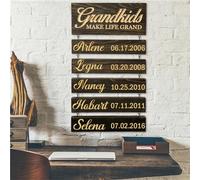 GGUIUIC Grandkids Make Life Grand Wall Sign Personalized 1-10 Name Birthdate Hanging Wood Family Sign Grandparent Family Name Wall Plaque Sign Mother's Day Birthday Family Decor Grandma Mom Gifts