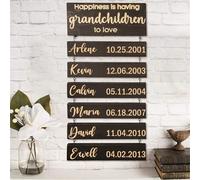 GGUIUIC Happiness is Having Grandchildren to Love Sign Personalized Name Birthdate Hanging Wood Sign with 1-10 Name Family Birthday Reminder Plaque for Parents Grandma Grandpa Family Gifts