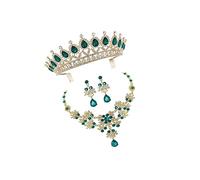 GGYTMQL 1Set Elegant Crown Necklace Earring Set for Women Green Bridal Jewelry Accessories for Weddings Parties Special Occasions Unique Tiara Design Friends