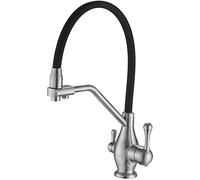 GGYTMQL 3 In1 Kitchen Faucet with Drinking Water Outlet, 360° Swivel High Arc Pull Down Kitchen Sink Solid Brass Cold and Hot Water Mixer Tap with Dual Handle,Gray(Gris)
