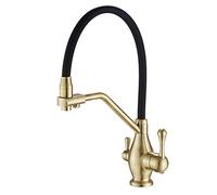 GGYTMQL 3 In1 Kitchen Faucet with Drinking Water Outlet, 360° Swivel High Arc Pull Down Kitchen Sink Solid Brass Cold and Hot Water Mixer Tap with Dual Handle,Gray(Gris)