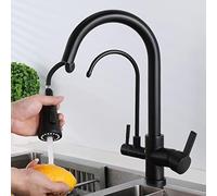 GGYTMQL 3 Way Kitchen Faucet with Pull Out Spray Brass Multifunction Hot and Cold Water Swivel Kitchen Sink Faucet-Black(Chrome)