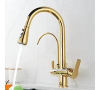 GGYTMQL 3 Way Kitchen Taps with Pull Out Spray, Kitchen Faucet Swivel Brass Drinking Water Sink Faucet 3 in 1 Kitchen Sink Tap-Gold(Antique)