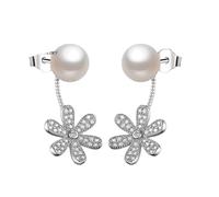 GGYTMQL 925 Sterling Silver Crystal Flower Dangle Earring, White Pearl Drop Earrings, Luxury Stud Dangling Earrings, Jewelry for Women Wedding Party