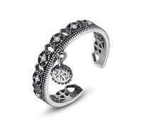 GGYTMQL Adjustable S925 Ring for Ladies - Ethnic Style Distressed Retro Hollow Inlaid Zircon Open Finger Ring,Trend Jewelry Party Wedding Gifts