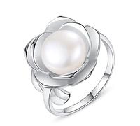 GGYTMQL Adjustable S925 Ring for Ladies - Freshwater Pearls Oversized 3D Flower Shape Polished Elegant Open Finger Ring,Jewelry Party Gift for Women