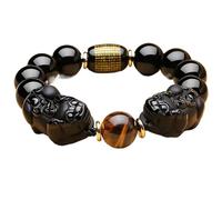 GGYTMQL Black Obsidian Bracelet, Wealth Double Obsidian Yellow Tiger Eye Ward-Off Evil Spirits,Double pixiu,16mm