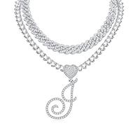 GGYTMQL Cursive Initial Pendant Necklace for Women Miami Cuban Link Chain Layered Heart Shape Diamond Iced Out Chain Pendant Necklace Hip Hop Jewelry Gift 2PCS Chains