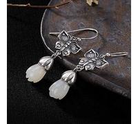 GGYTMQL Earrings for Women, Chinese Eardrop Earrings S Inlaid Vintage Nephrite White Jade Butterfly Magnolia Custom Women's Earrings