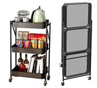 GGYTMQL Exquisite Bathroom Shelves Carts,Trolley Wheeled Bedroom Practical Folding Shelf with 4 Casters Easy to Move with Metal Mesh Basket Bathroom Folding Shelf for Bathroom, Kitchen,Black