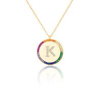 GGYTMQL Flat inlaid Zirconium 26 Letter A-Z Necklace For Women Round Crystal Rainbow Pendant Copper Zircon Christian Jewelry