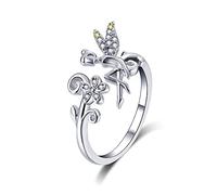 GGYTMQL Flower Fairy 925 Sterling Silver Ring for Women Girls Cute Yellow Clear Crystal Angel Wing Statement Adjustable Open Wrap Finger Rings Comfort Fit Dainty Birthday Christmas Wedding Jewelry