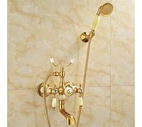 GGYTMQL Gold Bathtub Faucets Hot and Cold Water Mixer Faucet Antique Bathroom Simple Triple Shower Faucets All Copper Retro Style,C (O)