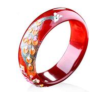 GGYTMQL Jade Bracelet for Women, Chinese Bracelet, Natural Brazilian Red Agate Bracelet Painted Peacock Carved Shell Inlaid Chalcedony with Box (58mm)