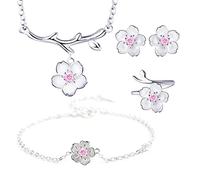GGYTMQL Jewelry Sets Cherry Blossoms Flower Necklace+Earrings+Ring+Bracelet For Women