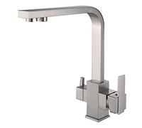 GGYTMQL Kitchen Sink Faucet Swivel Drinking Water Solid Brass Hot and Cold Water Mixer Tap, Household Multifunctional Dual Handle Kitchen Filter Purifier Faucet,Chrome(Brushed)