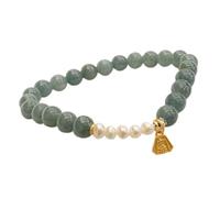 GGYTMQL Natural Jade Bracelet Fei Cui Jadeite Freshwater Pearls Gilded Sterling Silver Feng Shui Lucky Charm Pendant Engraved Auspicious Words Elastic Bracelet for Wealth Luck Prosperity Cinnabar