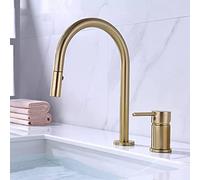 GGYTMQL On-Stage Faucet Kitchen Bathroom Shower Faucet Dual Holes Singe Handle Faucet Kitchen Sink Faucet Matt Burnish Gold Brass Double Hole Pull Out Deck-Mount Mixer Tap