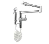 GGYTMQL Pot Filler Kitchen Sink Faucet with Sprayer, Wall-Mount Single Cold Water Folding Kitchen Brass Single Handle Retractable Pot Filler Faucet with Swing Arm,Black(Black)