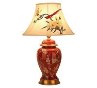 GGYTMQL Red Glazed Ceramics Table Lamp Bedroom Bedside Lamp Ginger Jar Lamp With Fabrics Embroid Bell Shape Lamp Shade Large Oriental Ceramic Table Lamp 2 Sizes(65 * 40cm)