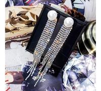 GGYTMQL Rhinestone Inlaid Pearl Tassel Long Earrings for Women Wedding Jewelry Brithday Gift