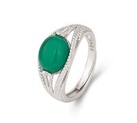 GGYTMQL S925 Silver Oval Agate Stone Rings for Women Natural Onyx Stone Emerald Green Agate Green Chalcedony Jasper Ring Adjustable Rings Anniversary Birthday Wedding Gift