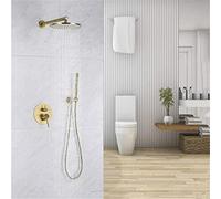 GGYTMQL Shower Faucet System Set Brushed Gold Brass Bathroom Tap 8-12Inch Shower Head Set Rianfall Shower System Wall Mounted Shower Arm Mixer Water Kit,8 inch Interesting Life