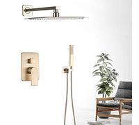 GGYTMQL Shower System Brushed Gold Bathroom Shower Set Rainfall Shower Head Single Handle Shower Faucet Wall Mounted Bath Shower Mixer Water Set Head,10 Inch Head