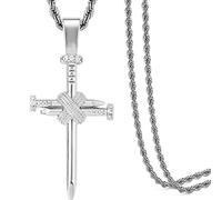 GGYTMQL TUHE Hip Hop Nail Cross Faith Pendant Necklace for Men Women, 18K Gold Plated AAA CZ Iced Out Simulate Diamond Accents Bling Bling Charm Necklace with Stainless Steel Rope Chain in Platinum